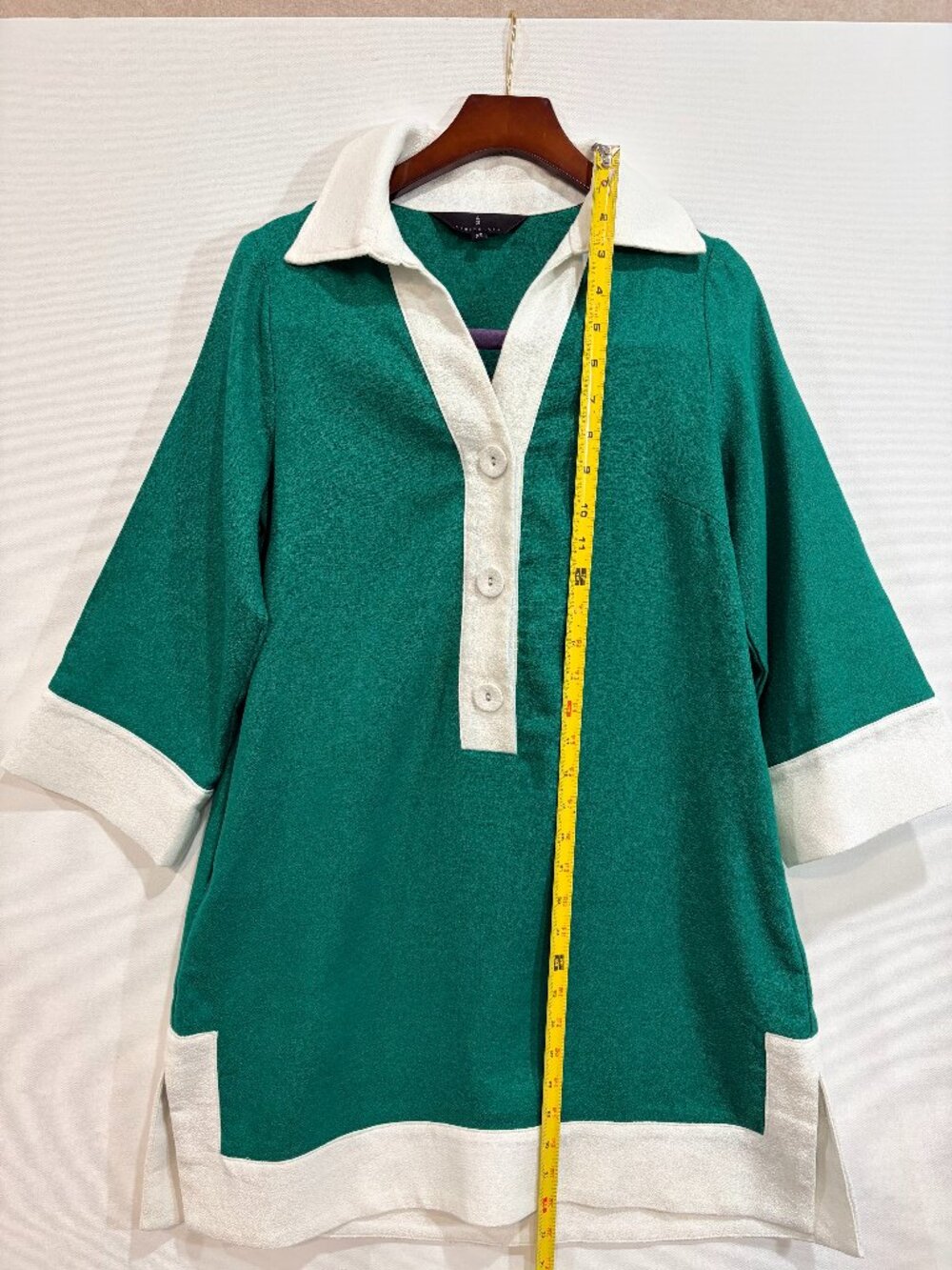 Abbey Glass Green Ivory Colorblock Tunic Dress XS Cotton Linen Collared Shift Dr